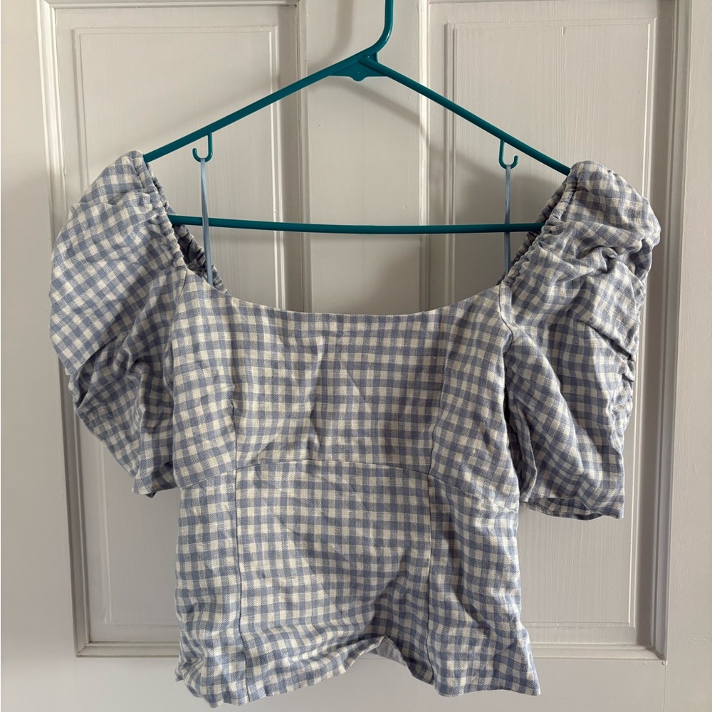 Reformation Light Blue Checkered Puff Sleeve Blouse